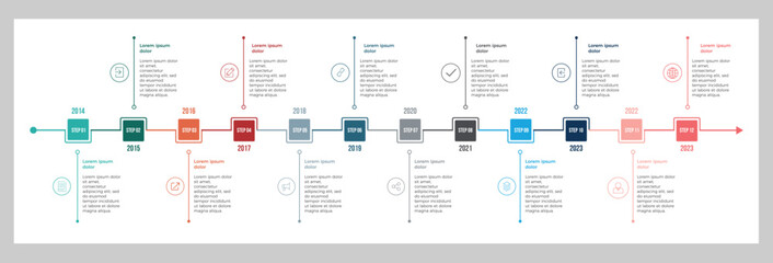 Timeline infographic box with 12 steps. Colourful timeline vector business template