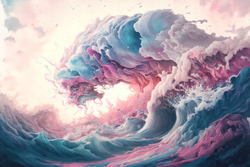 Wall Mural - Delicate abstract pastel background with clouds and waves. Head and pink liquid fluid art. AI