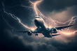 Passenger plane fly through a thunderstorm. AI Generated