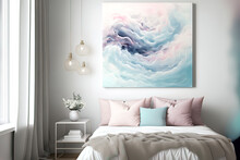 Delicate Pastel Interior With A Picture On A Light Wall With Clouds And Waves. Blue And Pink Liquid Fluid Art. AI
