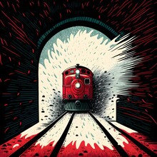 Rain Falling Over A Dr Seuss Style Red Train Exiting A Tunnel In Highspeed 