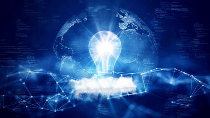 Poster - business idea creative concept technology. Light bulb glowing in the abstract world above clouds Polygons and binary code on dark blue background.