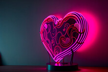 Bedside Light Made With A Beautiful Worked Heart Shape Made  With Neon On Magenta Colour. 3D Rendering. Valentines Day Concept. Generative AI 