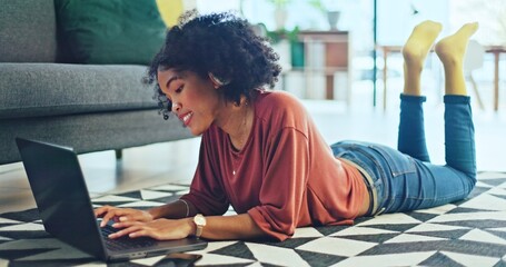 Canvas Print - Music, laptop and relax girl on floor carpet streaming radio rap, disco or rock song while singing trendy audio. Headphones, energy or student black woman listening to wellness sound and typing on pc