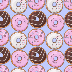 Wall Mural - Seamless pattern of multicolored colorful donuts. Vector pattern of confectionery pattern. Can be used for textiles, wrapping paper, menu design.