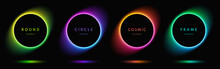 Blue, Red-purple, Green Illuminate Neon Light Round Frame Design. Abstract Cosmic Vibrant Colorful Circle Border. Top View Futuristic Style. Set Of Glowing Neon Lighting Isolated On Black Background.