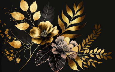 Wall Mural - Abstract background watercolor gentle gold flower and gold splash and black background. gold and black watercolor flower art.