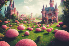 Splendid Realistic High-resolution Wallpaper Of Fantasy Landscape With Pink Castle Surrounded By Pink Grass And Candy Tree. Fairytale Landscape Full With Candy Tree Or Flower In Dream-like Setting