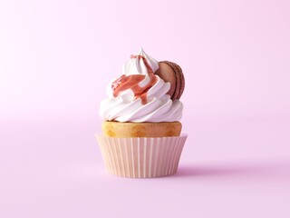 Wall Mural - Classic vanilla cupcake with white whipped cream, poured with liquid caramel with chocolate macaroon stuck in. Isolated on a pink pastel background. Muffin in a paper cup. 3d render illustration.