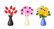 © Sunnydream - Bouquets of beautiful flowers set. Red tulips, yellow rose flowers and pink echinacea in vases isolated on white background. Vector illustration in cartoon flat style.