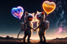 Astronaut Cute Cats Cyborg In Space Holding A Heart Shape Balloon On Valentines Day. Cat Valentine Day Celebration. Generative AI