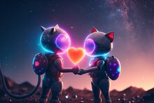 Astronaut Cute Cats Cyborg In Space Holding A Heart Shape Balloon On Valentines Day. Cat Valentine Day Celebration. Generative AI