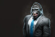  Aggressive laughing gorilla, dressed up like business man. Great ape in an expensive grey business suit, blue tie on dark background. Primate confidently, laughs.  Created with generative ai