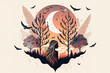 © Pajaros Volando - Mystical boho banner with woman in nature silhouette. Minimalist flat design illustration in light pink colors. Perfect for banner, t-shirt printing, mugs and stickers. Generative AI Illustration