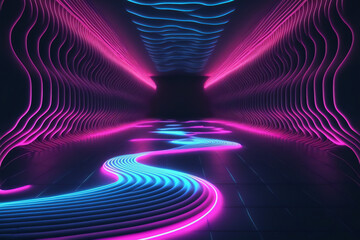 Abstract background, pink blue neon light, glowing dynamic wavy lines on the floor, ultraviolet spectrum. Generative AI illustration