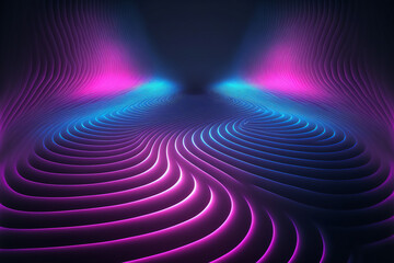 Wall Mural - Abstract background, pink blue neon light, glowing dynamic wavy lines on the floor, ultraviolet spectrum. Generative AI illustration