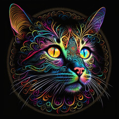 Wall Mural - Bright neon style mandala cat head illustration on black background. Generated by AI