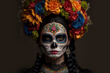 Generative Ai Of A Woman Representing Calavera Catrina With Red Flowers And Skull Painting. Day Of The Dead Concept. 