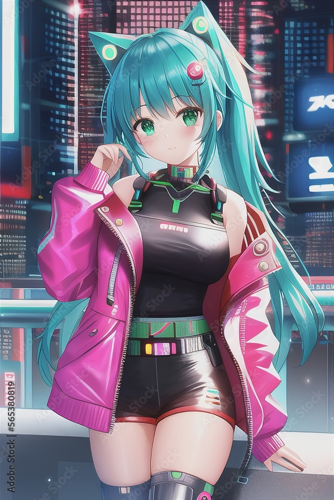 Cute anime cyberpunk girl with cat ears in a futuristic city with neon ...