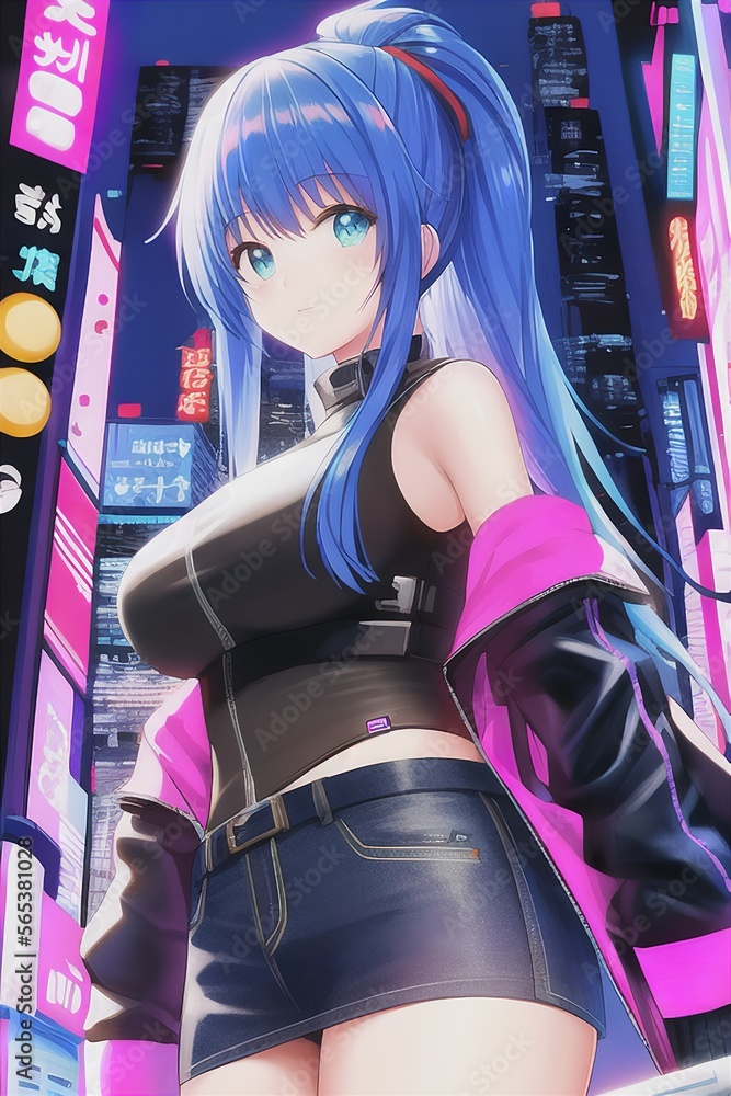 Cute anime cyberpunk girl standing in front of a futuristic city with ...