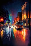 Fototapeta Przestrzenne - Painting of night street, urban cityscape with colorful light - Generative AI image