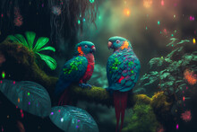 Illustration Of A Tropical Rainforest With Parrots,generative Ai
