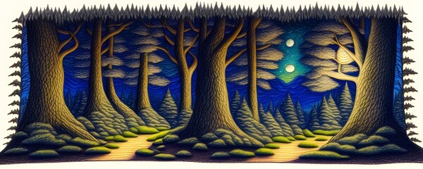 Canvas Print - Night Landscape with Trees, Generative AI Illustration