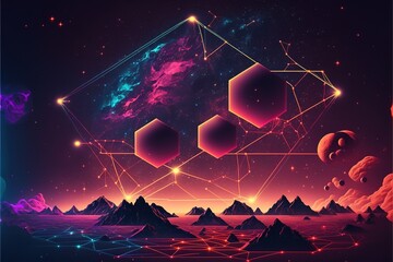 Wall Mural - Polygons and intricated lines on a sinthwave universe background - Generative AI image