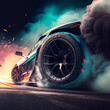 sport car drifting and smoking on track. AI digital illustration.
