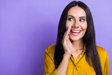 Sticker - Photo of positive lady hand mouth stylish clothes interested look empty space share news special offer isolated on purple color background