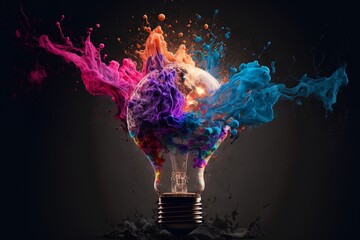 Light bulb lamp explodes with colorful ink paint and splashes. Think differently and out of the box idea. Generative AI