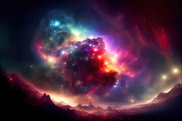 Wall Mural - Cosmic trippy night sky over landscape - By Generative AI