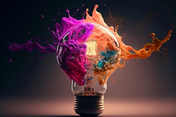 light bulb lamp explodes with colorful ink paint and splashes. think differently and out of the box 