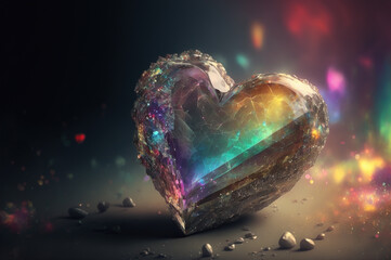 Rainbow coloured heart crystal with a soft bokeh background. Digital painting effect, created with AI generative technology.