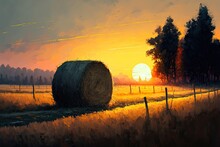 Detailed Oil Painting Of A Field With A Big Hay Bale At Sunrise, Peaceful Illustration, Ai Art, Digital Painting