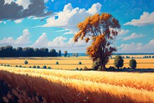 Oil Painting Of A Wheat Field With A Big Tree Standing Inside At Summertime, Blue Sky, Detailed Illustration, Ai Art, Digital Painting