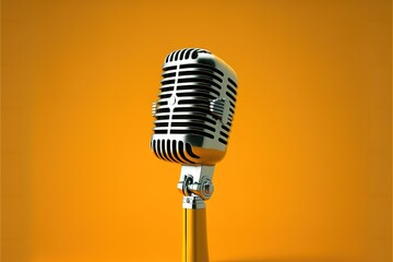 Vintage style microphone against a plain bright yellow background. Generative AI