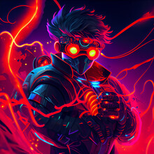 Anime Bright Man With  Cyber Eyes And A Plasma Gun. Generative AI.