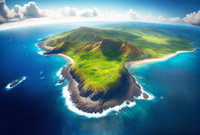 Beautiful Aerial View Of Hawaii. Generative Ai Art. Island With Dense And Lush Vegetation.