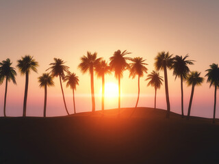 Wall Mural - 3d tropical landscape with palm trees against a sunset sky