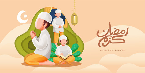 Wall Mural - Ramadan Creative Illustration With Man Praying and Read Quran Composition