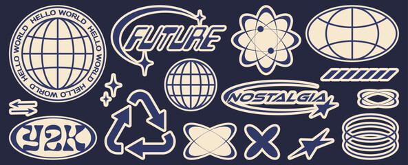 retro futuristic sticker. abstract graphic geometric symbols and objects in y2k style. templates for