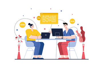 Concept Coding with people scene in the flat cartoon style. Two programmers make every effort to write good software code for the client.