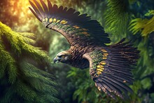 Wild Flying Bird Of Prey Above Green Rainforest, Nature Ecosystem Environment Background Landscape Generative AI Illustration