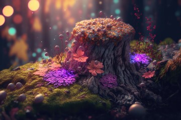 Magic forest fantasy flower nature background mystic glow light landscape Generative AI Illustration