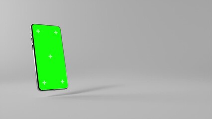3d Smartphone With Blank Green Screen Isolated On White Background. Mobile Phone Mockup Chroma Key Display With Tracking Points. Phone In Vertical Orientation Portrait Mode