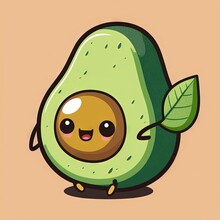  A Cartoon Avocado With A Leaf On Its Back And Eyes Closed, With A Brown Background And A Light Brown Background With A Light Green Leaf.  Generative Ai