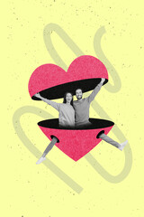 Sticker - Vertical collage image of two cheerful lovers black white colors inside huge heart isolated on painted background