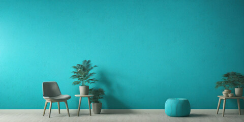 Large empty turquoise blue colored wall with furniture. Copy Space for text, logo ad product presentation. Generative AI