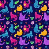 Fototapeta Dinusie - Cute cat pattern, scandinavian animals. Kids style tiger, childish hand drawing, funky art print. Decor textile, wrapping paper, wallpaper design. Vector seamless tidy illustration
